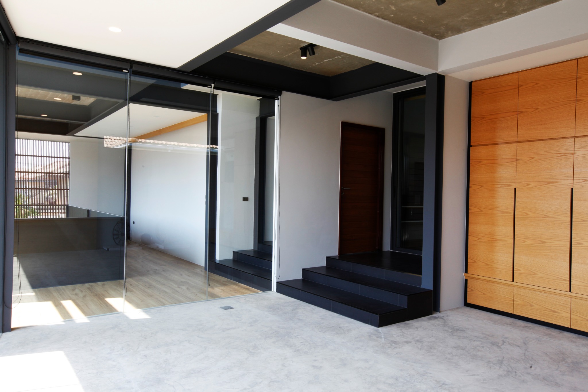 Entrance landing with timber doors, glazing and black steps