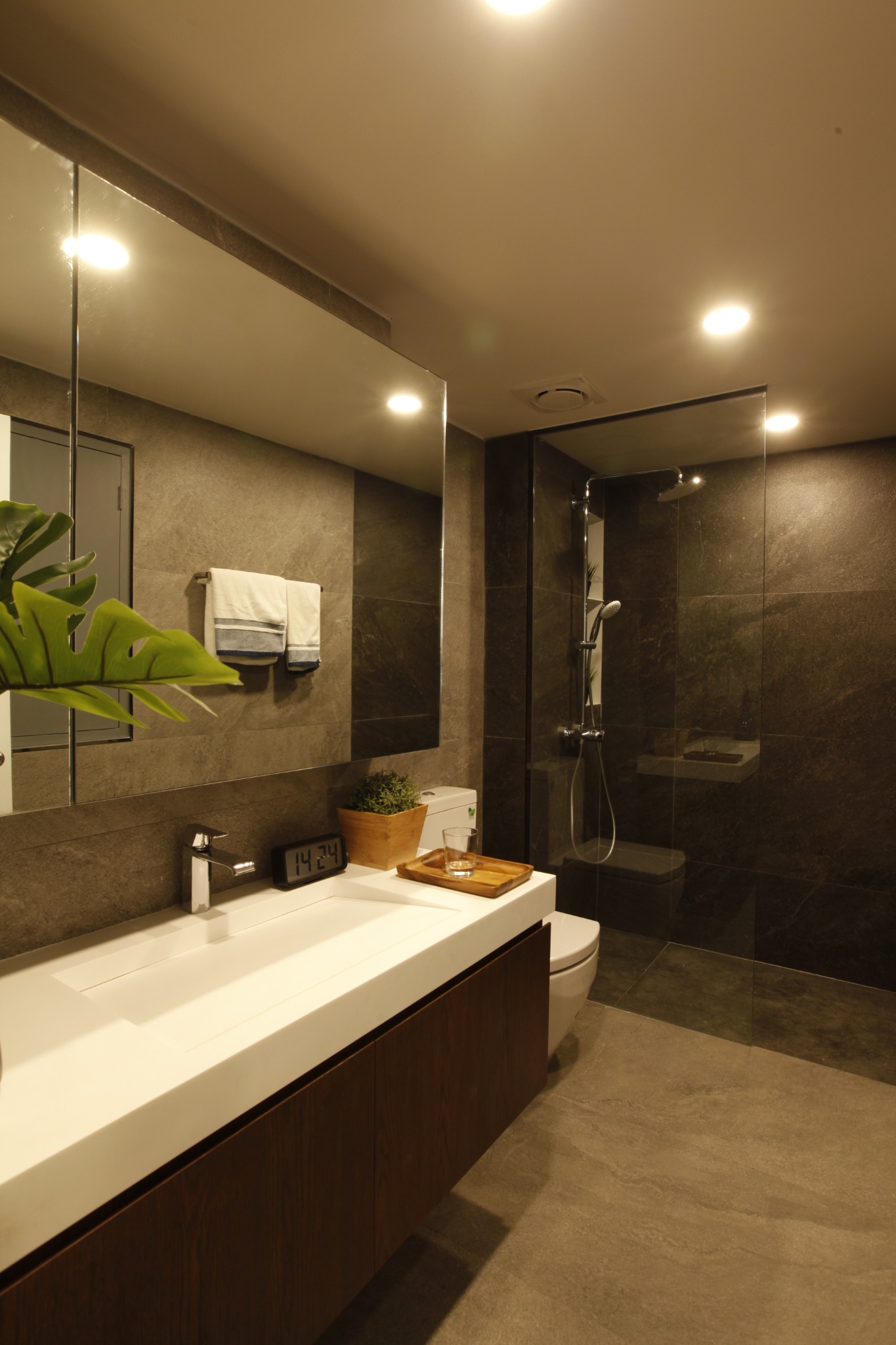 Bathroom with dark stone tiles, glass shower screen and white vanity